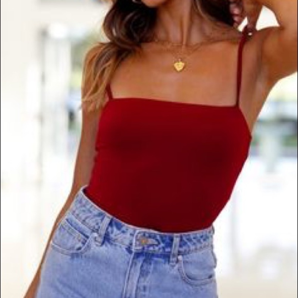 Red spaghetti strap bodysuit